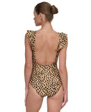 DKNY Ruffled Underwire One-Piece Swimsuit DIMMS731 Snow Leopard Brown Multi S