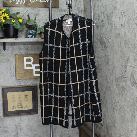 Cj Banks Womens Plaid Fuzzy Knit Duster Sleeveless Cardigan Black Multi 1X