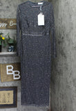 Mac Duggal Beaded Tea Length Dress Gown with Sheer Sleeves Charcoal Gray 8