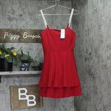 City Studios Pearl-Strap Sleeveles Tiered Fit & Flare Dress Garnet Red 7/8