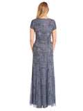 Adrianna Papell Blouson Embroidered Beaded Short Sleeve Dress Gown Dusty Blue 4