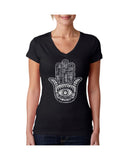 La Pop Art Word Art "Protect" Hamsa Hand Divine Graphic V-Neck T-Shirt Black XL