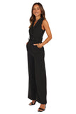 Petal And Pup Sienna Belted Buckle Pleated Collared V Neck Jumpsuit Black L
