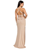 B Darlin Juniors Glitter-Knit Back-Tie V-Neck Gown Dress Nude Brown Gold 11/12
