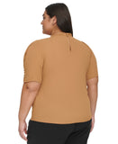 Calvin Klein Womens Plus Size Ruffle-Neck Button-Sleeve Shirt Luggage Brown 2X