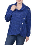 Ny Collection Womens Petites Asymmetrical Cowl Neck Button-Up Sweater Blue PS