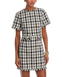 Aqua Sleeve Tweed Pocket Frayed Hem Embellished Shift Dress Black / White 2XS