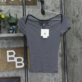 Polly & Esther Juniors Striped Scoop-Neck Skimmer T-Shirt Black Stripe S