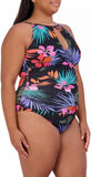 Jessica Simpson Womens Midweight Textured One Piece Swimsuit Palms Black 2XL