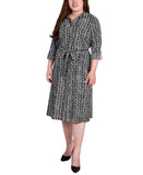 Ny Collection Tab Belted Plus Size Printed Shirt Dress Black White Zig Zag 1X