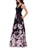 Xscape Womens  Floral Sleeveless V Neck Full-Length Formal Dress XC182 Black 8