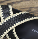 Bearpaw Criss Cross Woven Raffia Faux Leather Slide Sandals Black / Off White 7M