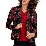 Kasper Notch Collar Open Front Tweed Jacket  w/ Velvet Neck Fire Red Multi 8