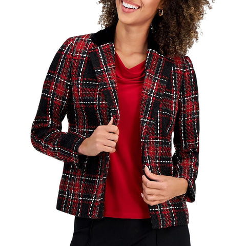 Kasper Notch Collar Open Front Tweed Jacket  w/ Velvet Neck Fire Red Multi 8
