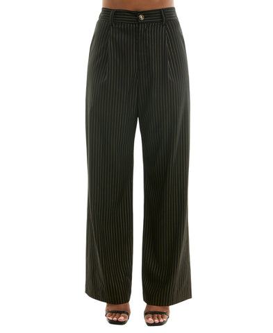 Alex & Sophia Womens Striped Wide-Leg Pleated Pinestripe Pants Black / Gold L