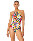 Anne Cole Gradient High Neck One-Piece Swimsuit Gradient Floral Red Blue 10