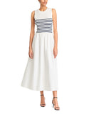 Aqua Mixed Media Maxi Dress with Striped Knit Bodice 96358BD White / Navy Blue M
