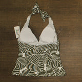 DKNY Womens Halter V-Neck Shirred Tankini Top Swim Jungle Palm Green Multi L