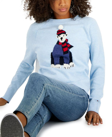 Tommy Hilfiger Women's Polar-Bear-Graphic Sweater Chambray Heather Blue 2XL