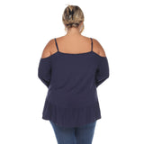 White Mark Womens Plus Size Cold Shoulder Ruffle Sleeve Top PS1352 Navy Blue 1X
