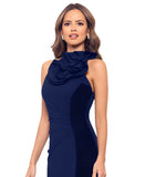 Betsy & Adam Womens Ruffled Halter Velvet-Trim Sheath Dress A26692 Navy Blue 14
