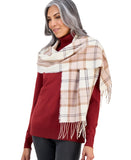 Style & Co. Tartan Plaid Scarf with Fringe SC9542501 Ivory Neutral Brown Multi