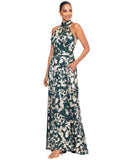 Betsy & Adam Metallic Crinkle Halter Neck Floor Dress Gown Green / Gold 4P