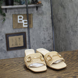 Jones New York Block Heel Square Toe Horsebit Hardware Mesh Sandals Tan Brown 6M