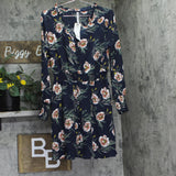 Ny Collection Long Sleeve V-Neck Dress with Smocked Cuffs Navy Floral Blue M