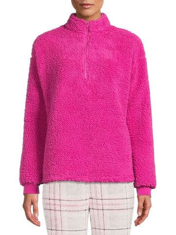 Muk Luks Womens Quarter Zip Faux Sherpa Lounge Pullover Sweatshirt Berry Pink M