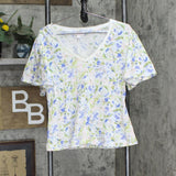 LC Lauren Conrad Womens Knit V-Neck Short Sleeve Shirt Top Blue Multi M