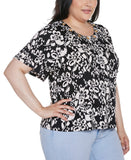 Belldini Grommet Detail Floral Short Sleeve Knit Top AK250442X Black Combo 1X
