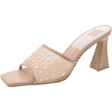 Dolce Vita Imitation Pearl Mesh Flare Heeled Dress Sandals Blush Mesh Brown 6M