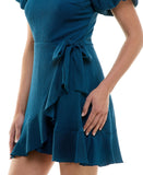 Trixxi Puff-Sleeve Side-Tie Fit Flare Faux Wrap Mini Dress Dark Teal Blue S