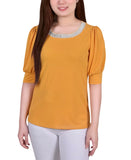 Ny Collection Puff Sleeve Embellished Neckline Blouse Top Golden Glow Yellow PXL