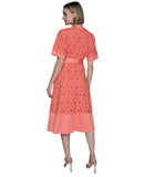 Karl Lagerfeld Paris Eyelet Cotton A-Line Shirtdress Belted Coral Orange Pink 16