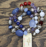 Erica Lyons Beaded Holiday Elastic Bracelets Silver Gray / Blue Multi