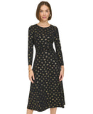 Tommy Hilfiger Ruched-Waist Tie Sash Jersey Knit Fit Flare Dress Black / Gold 10