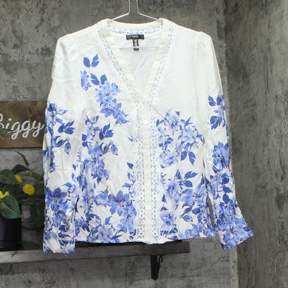 Aqua Womens Button Up Crochet Trim Placed Floral Blouse IBO26966 Blue Multi S