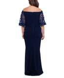 Xscape Plus Size Long Illusion Sleeve Off The Shoulder Dress Gown Navy Blue 14W