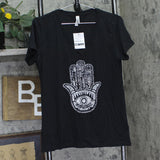 La Pop Art Word Art "Protect" Hamsa Hand Divine Graphic V-Neck T-Shirt Black 2XL