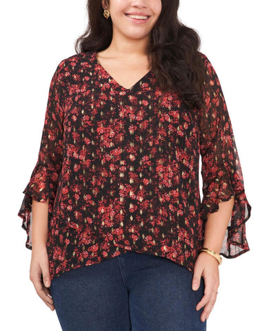 Vince Camuto Womens Plus Size Printed Flutter-Sleeve Top 92522B039