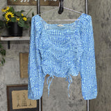 Ruched Back Cold Shoulder Long Sleeve Blouse Shirt Top Blue See Measurements