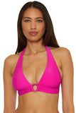 Becca Ribbed Chain Ring Halter Bikini Swim Top 223157 Azalea Pink D