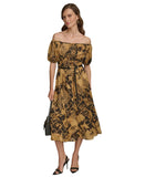 Donna Karan Womens Off-The-Shoulder Chiffon A-Line Dress Black / Fawn 14