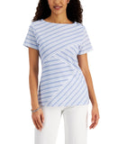 Karen Scott Short Sleeved Striped Boat Neck Top Light heather Blue XL
