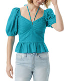 Jessica Simpson Ami Cotton Sweetheart Adjustable Tie Blouse Top Pagoda Blue XL