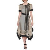 Karl Lagerfeld Neck Silky Crepe Geo Printed Satin Midi Dress Soft Beige Brown 14