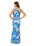 Adrianna Papell One Shoulder Bow Floral Printed Scuba Dress Gown Blue Multi 14
