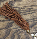 Faux Leather Tassel Wood Beaded Necklace Brown / White 29" + 4"